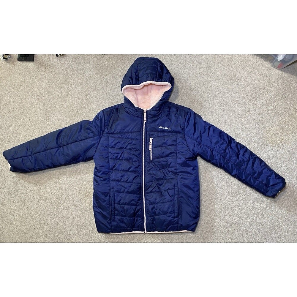 Eddie Bauer Girls Navy Blue Puffy Jacket Hooded Faux Fur Lined Kids Size L 14/16